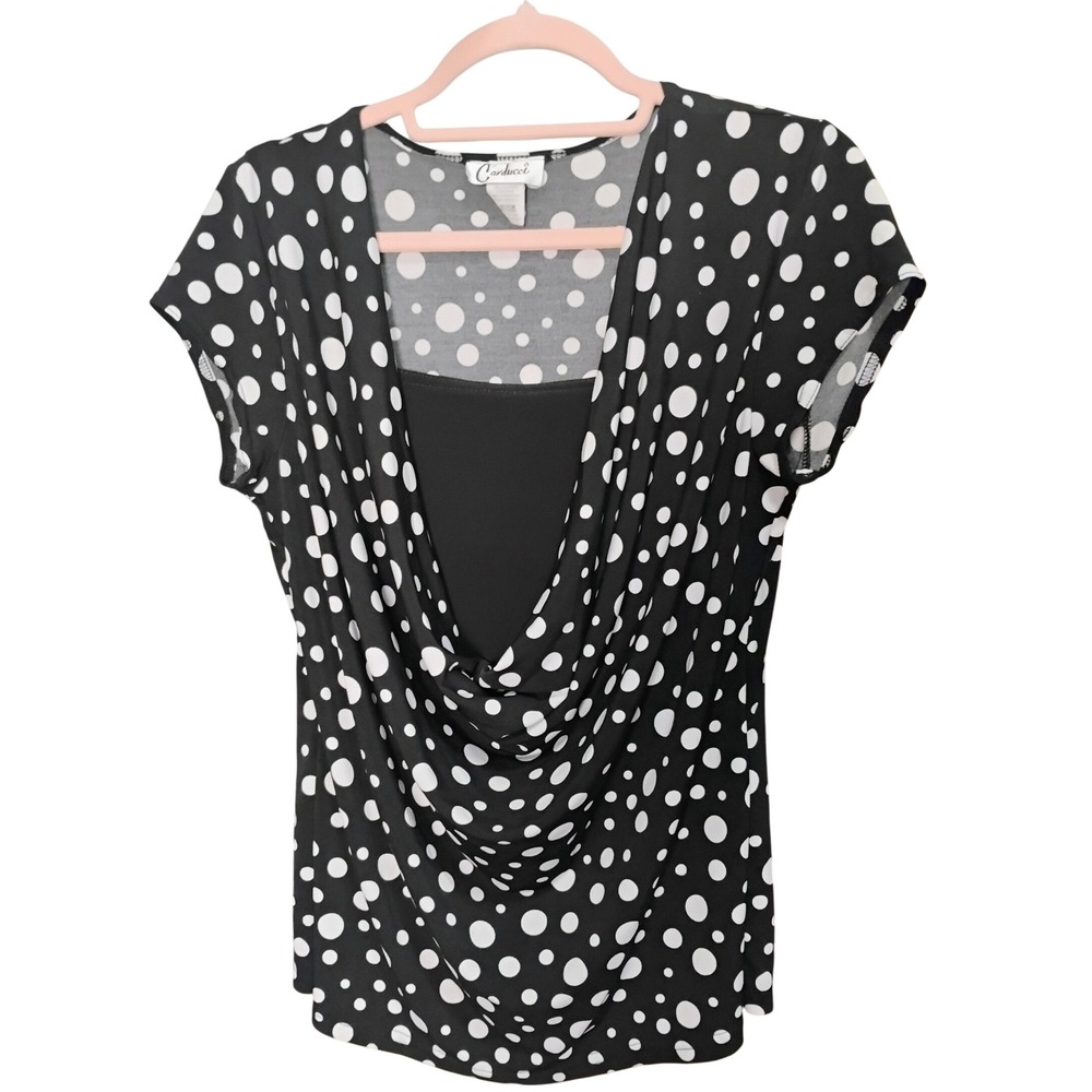 Carducci Black Polka Dot Top Draped Cowl Neck‎ Short Sleeve, Size M